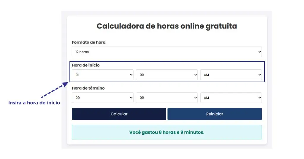 Insira a hora de início
