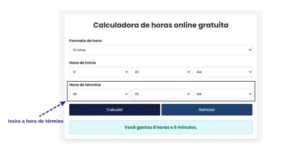 Insira a hora de término