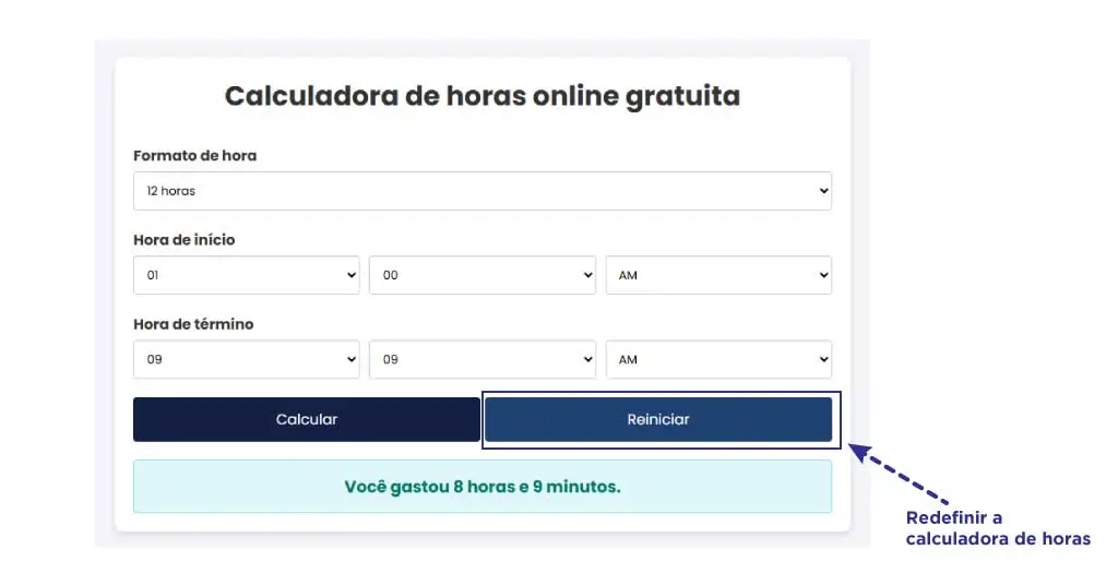 Redefinir a calculadora de horas