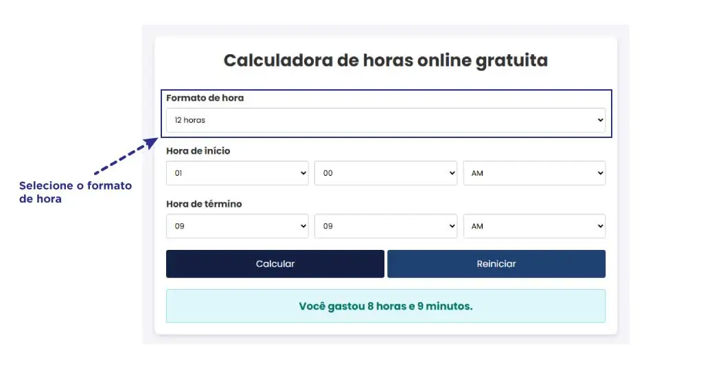 Selecione o formato de hora